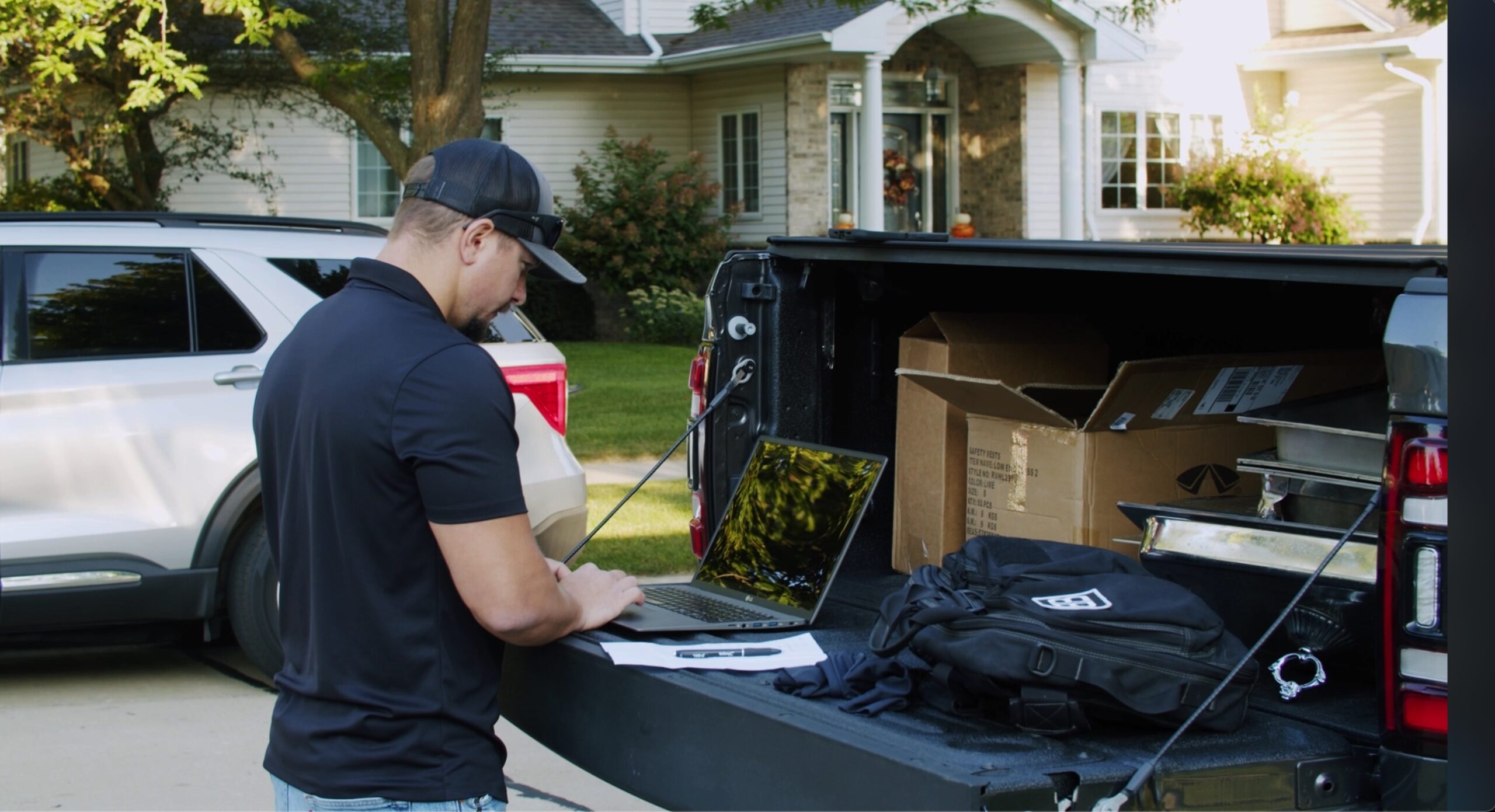 Brandon on the computer back of truck